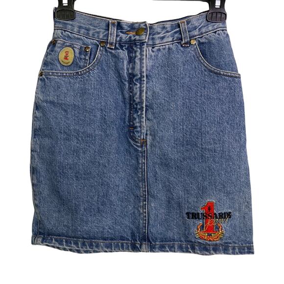 Trussardi Dresses & Skirts - Trussardi Jeans Denim Mini Skirt Embroidered Logo Italy Vintage Size 26 90's Y2K